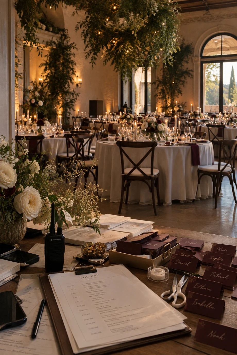 Planner desk with timeline, walkie talkie and place cards before a candlelit reception